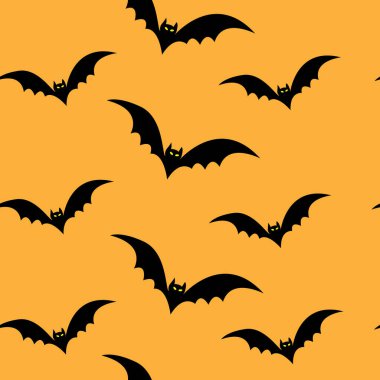 Cadılar Bayramı Yarasaları. Kusursuz vektör deseni. Sarı gözlü yarasa siluetleriyle turuncu sırt çantası.