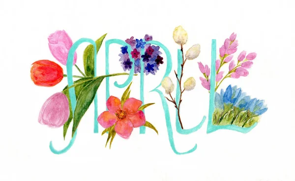 Abril Letras Florais Cartão Postal Aquarela Imprimível 300 Dpi — Fotografia de Stock