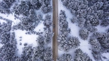 Bir kış günü öğleden sonra hareket eden bir arabanın hava görüntüsü ormanın içinden geçen tehlikeli karlı bir yol boyunca.