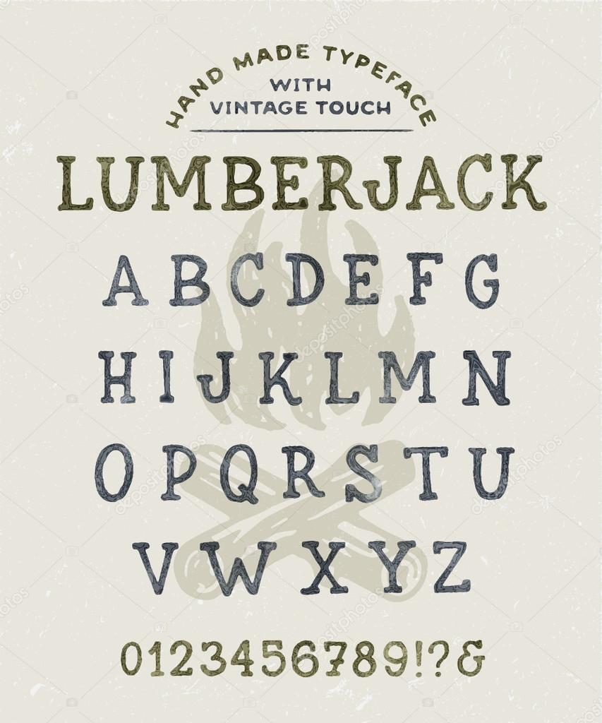 Slub Serif Hand Made Font 'Lumberjack' Custom handwritten alphabet. Original Letters and Numbers. Vintage retro hand drawn typeface with grunge effect. Vector illustration. Watercolor Version