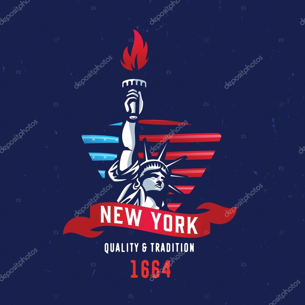 New York - Quality and Tradition 1664 T shirt apparel fashion design. Liberty Statue Vector Illustration and American Flag Background. Vintage Retro NYC Print Poster. Travel Souvenir Idea.