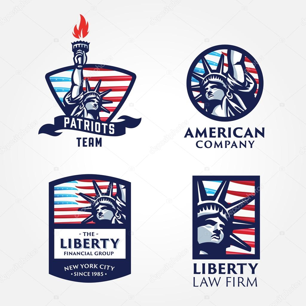 Set of Attractive and Memorable, Solid And Bold Liberty Statue Badges. Conveys such values as Liberty Freedom Justice Truth Equity Pride Honor Patriotism Fairness Dreams Aspirations Ambitions.