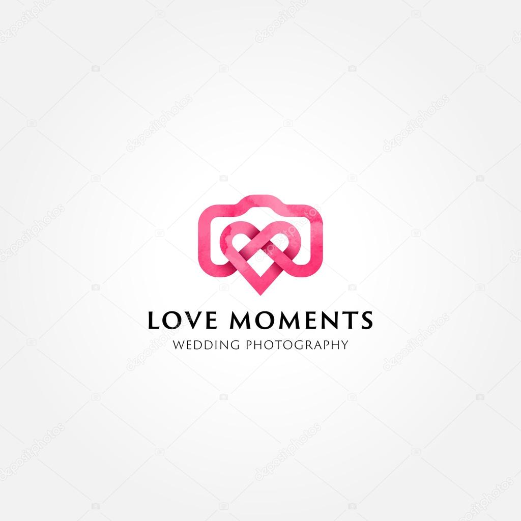 Simple creative wedding photographer symbol, icon, logo consisting of camera and heart