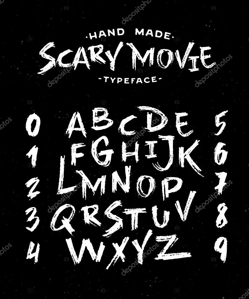Hand Made Scribble Font 'Scary Movie'. Custom handwritten alphabet. Handwritten Letters and Numbers. Vintage retro textured hand drawn typeface grunge effect. Vector illustration.