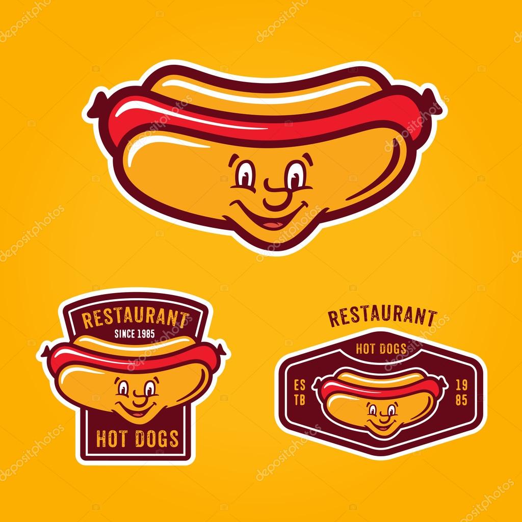 Set of retro colorful hotdog badges, labels, logos and design elements. Vector illustration of happy funny jolly hotdog with human face