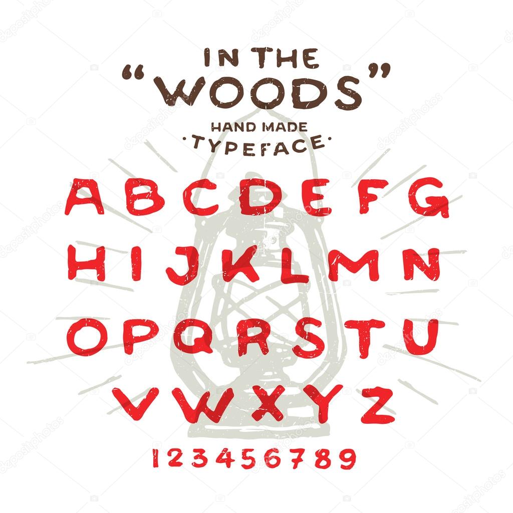 Hand Made rustic typeface 'In The Woods' Custom handwritten alphabet. Hand drawn Letters and Numbers. Vintage retro textured font grunge effect. Background Lantern Vector illustration with sun rays.