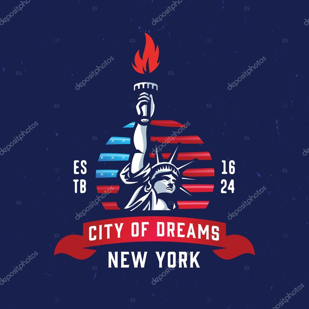 New York - City of Dreams T shirt apparel fashion design. Liberty Statue Vector Illustration and American Flag Background. Vintage Retro NYC Print Poster. Travel Souvenir Idea.