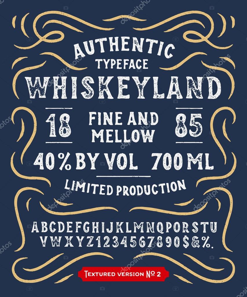 Hand Made Display Typeface 'Whiskeyland'. Vintage Custom Alphabet. Original Letters and Numbers. Retro hand drawn type design. Vector illustration