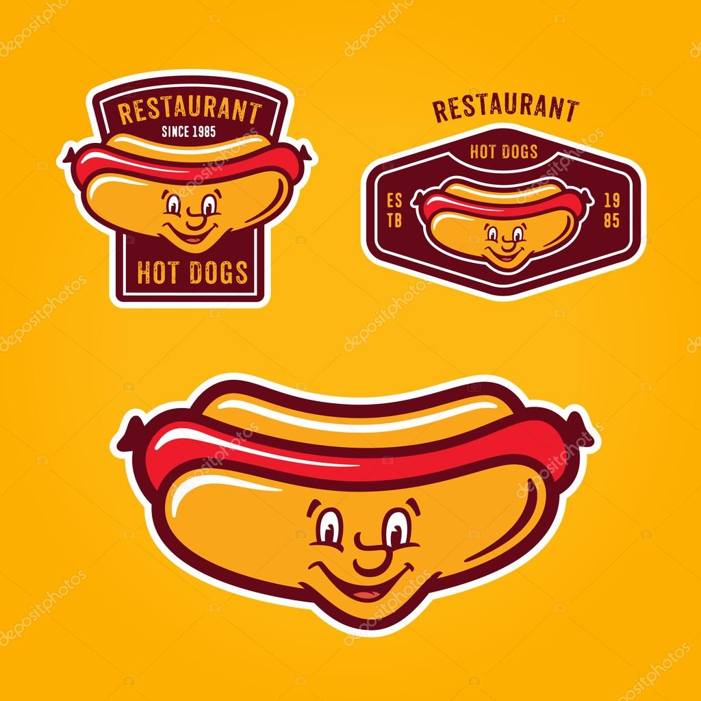 Set of retro colorful hotdog badges, labels, logos and design elements. Vector illustration of happy funny jolly hotdog with human face