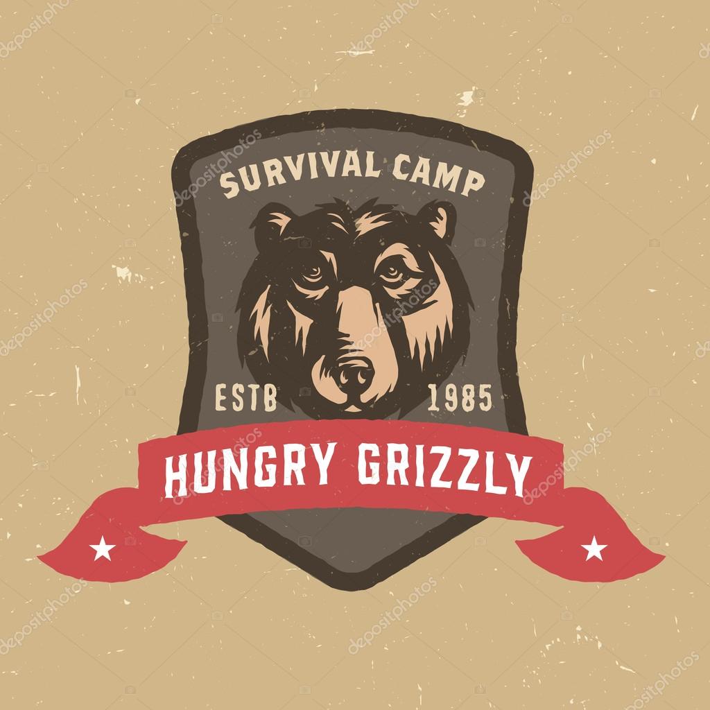 Hungry Grizzly Survival Camp Distressed T shirt Apparel print. Vintage Americana Style Tee Graphics. Vector Illustration. Travel Souvenir Idea. Retro Badge Emblem Logo Design