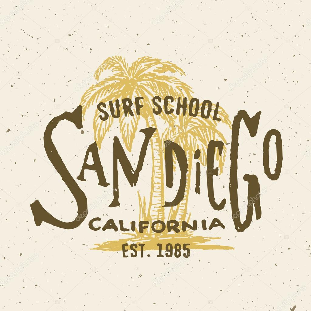 San Diego California Surf School T shirt graphic. Vintage apparel fashion tee design. Retro urban youth textured print. Hand drawn Palm trees vector illustration. Original Hand crafted Lettering art.