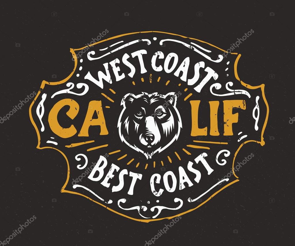 West Coast Best Coast CALIF. Vintage t shirt apparel fashion print graphics. Retro hand lettered poster. typographic wall art ornate badge design, California inspired ink drawing vector illustration.
