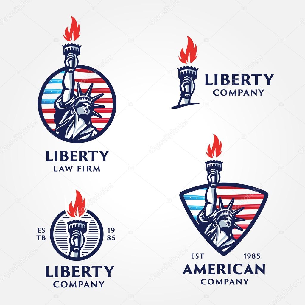 Set of Attractive and Memorable, Solid And Bold Liberty Statue Badges. Conveys such values as Liberty Freedom Justice Truth Equity Pride Honor Patriotism Fairness Dreams Aspirations Ambitions.