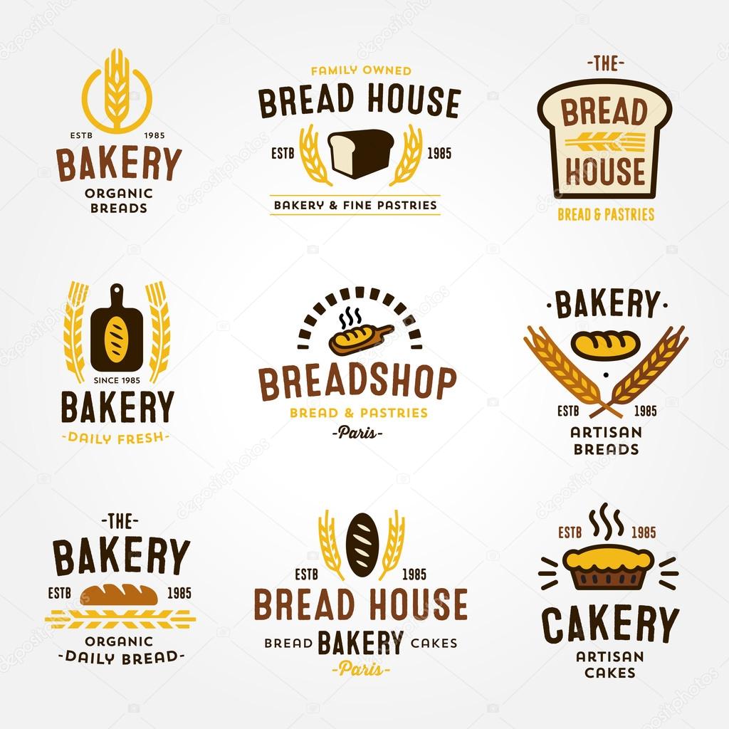 Large set of bakery and bread shop logos, labels, badges and design elements (bread, loaf, wheat ear, cake icons)