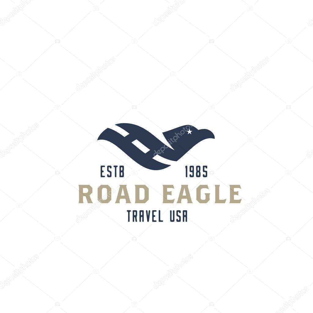 Original Simple Minimal Symbol Composed of Eagle & Road Image. Memorable Visual Metaphor. Represents the Concept of Travel, Adventure, Tourism, Freedom, USA, America, Journey, Speed, Flight etc.