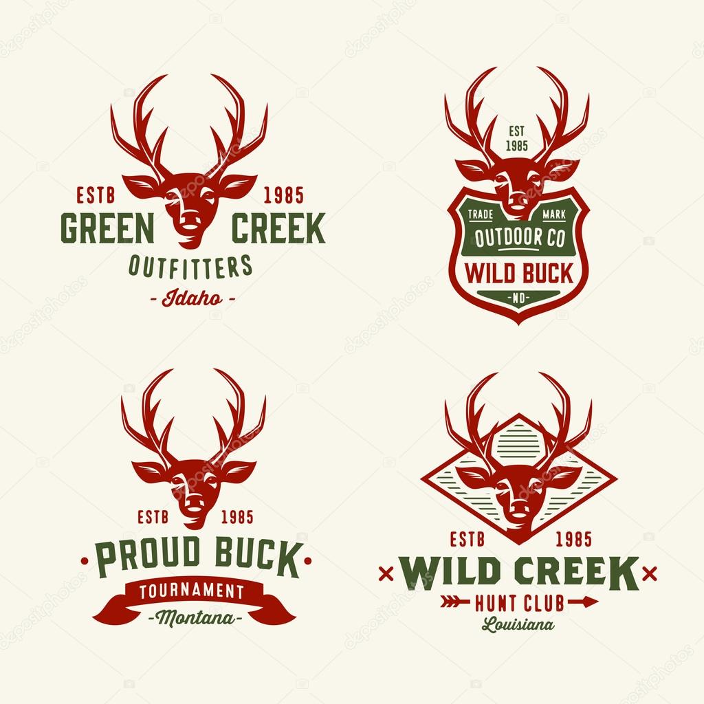 Set of badges labels logo design elements. Deer head. Collection of quality emblem templates for business. Premium retro vintage symbols. Vector illustration. Hand crafted authentic drawn graphics.