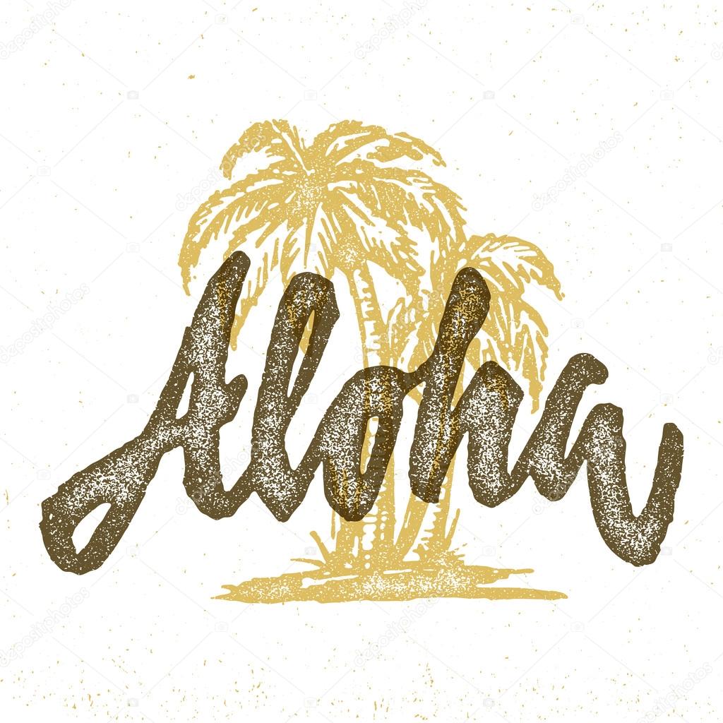 Aloha Hawaiian handmade tropical exotic t shirt graphics. Summer apparel print design. Retro drawn palm trees vector illustration. Travel souvenir idea. Vintage textured hand crafted ink drawing.
