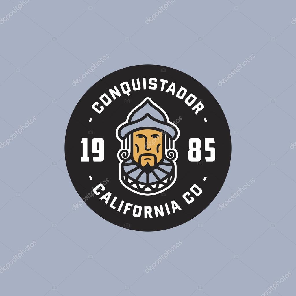 Spanish Conquistador Portrait Graphic Symbol. Line Art Retro Vector Illustration. Vintage Circular Badge. Represents Discovering America, Exploration, Heritage, Force, Vigour, Struggle, Traditions.