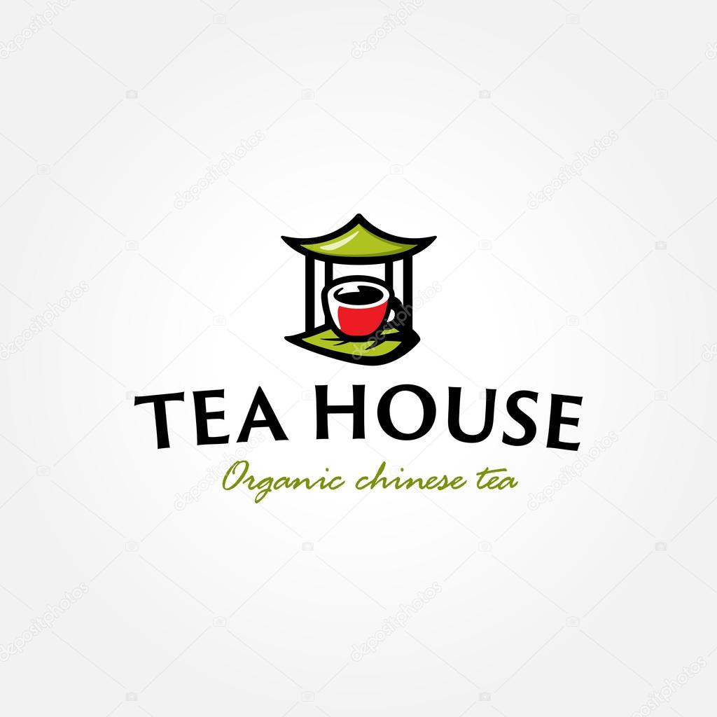 Tea shop logo symbol icon template with green leaf and teacup