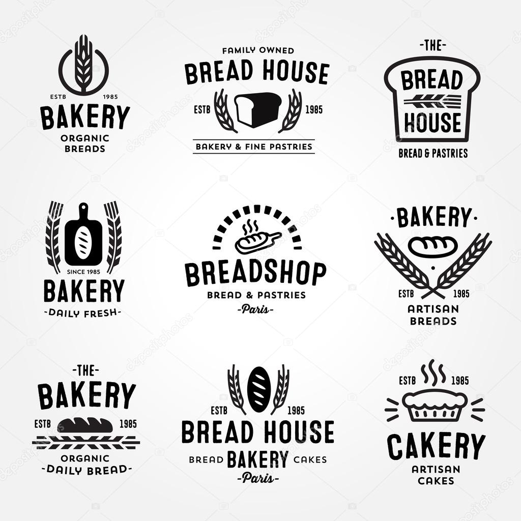 Large set of bakery and bread shop logos, labels, badges and design elements (bread, loaf, wheat ear, cake icons)