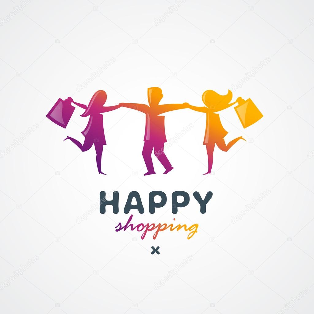 Dancing Happy Consumers with Shopping Bags. Original Memorable Illustrative Graphic Symbol For Your Business. Sign For Shop, Store, Advertising Sale Banners etc.