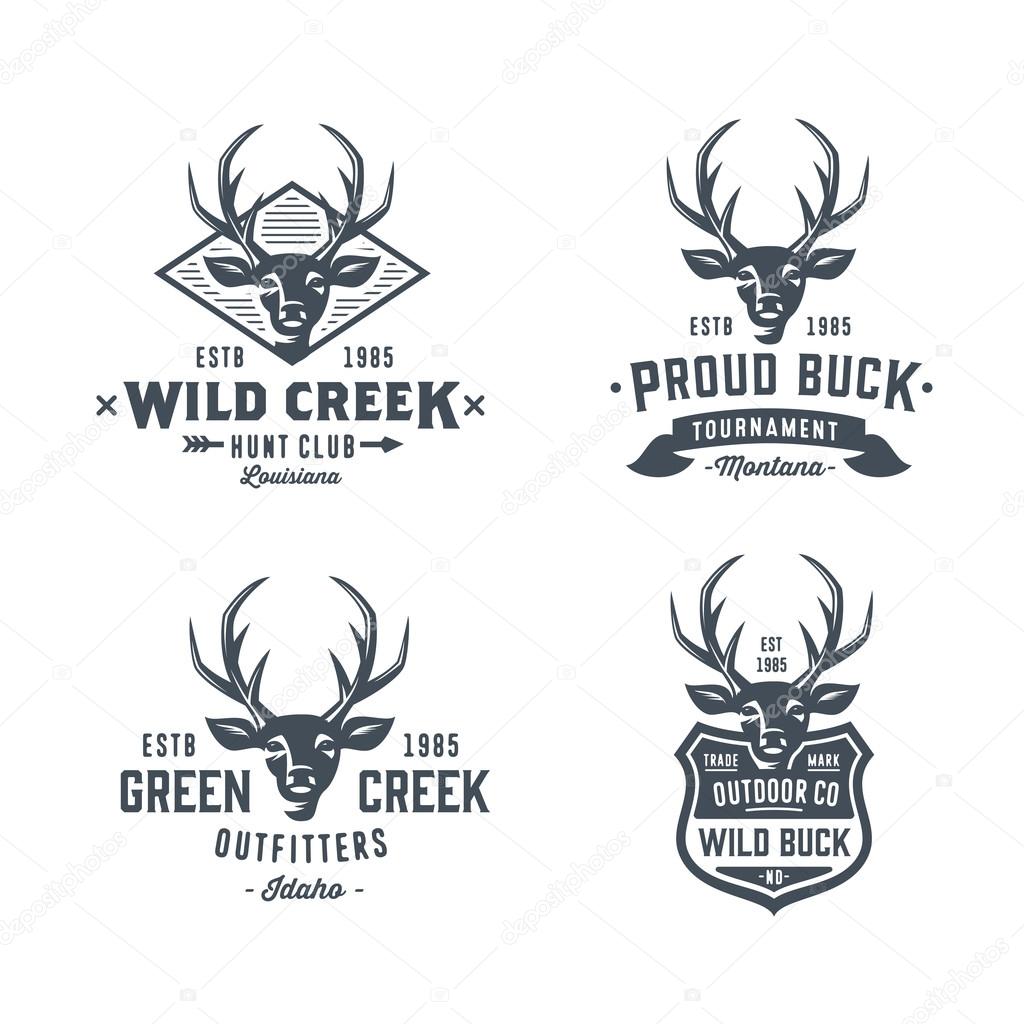 Set of wild hunting deer head badges 