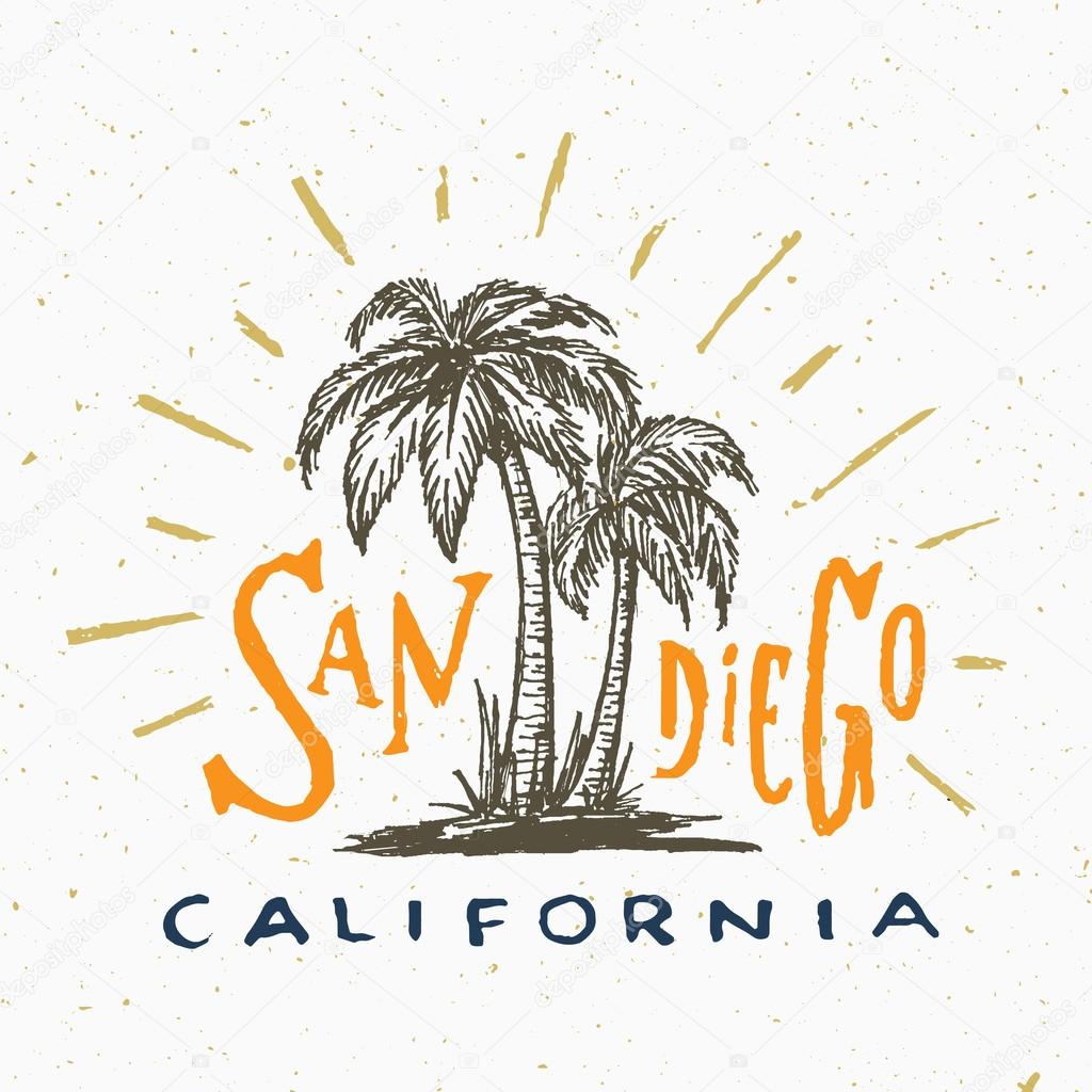 San Diego California T shirt graphic. Vintage apparel fashion tee design. Retro urban youth textured print. Hand drawn Palm trees vector illustration. Original Hand crafted Lettering art.