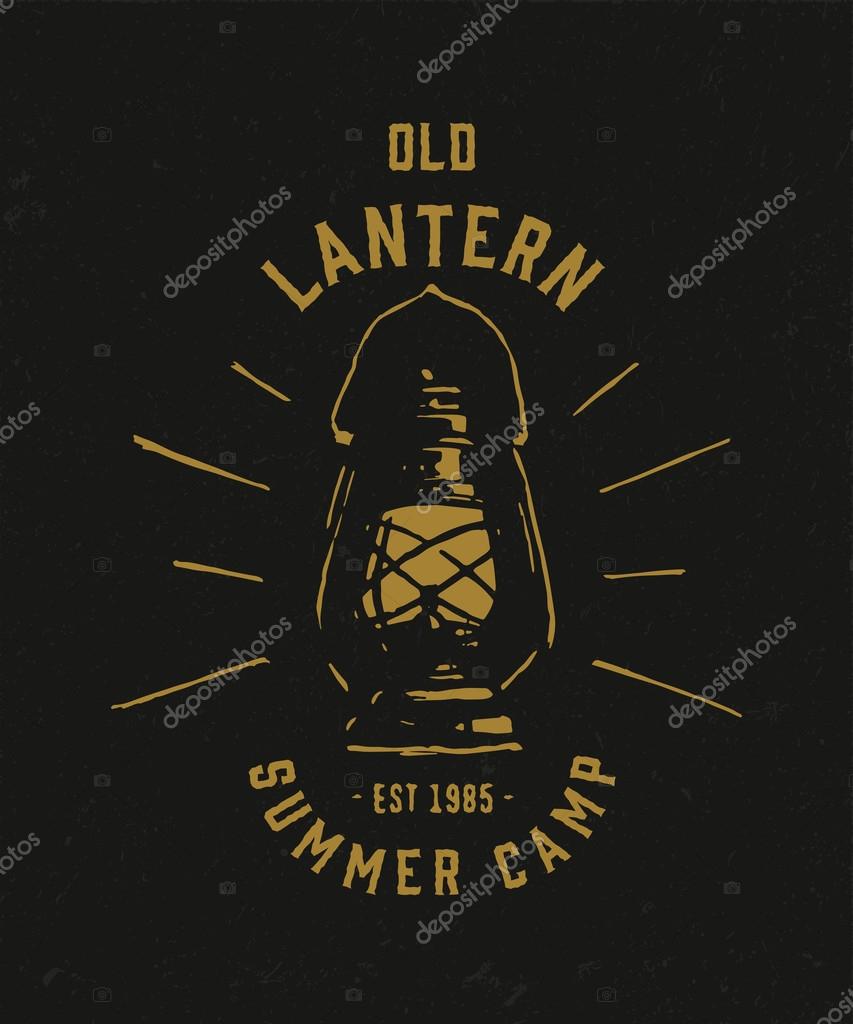 Textured T shirt Apparel Graphics Fashion Print. Retro Tee Badge Design With Distressed Effect. Old Lantern Summer Camp Outdoor Themed Vintage Americana Style. Hand Made Vector Illustration.