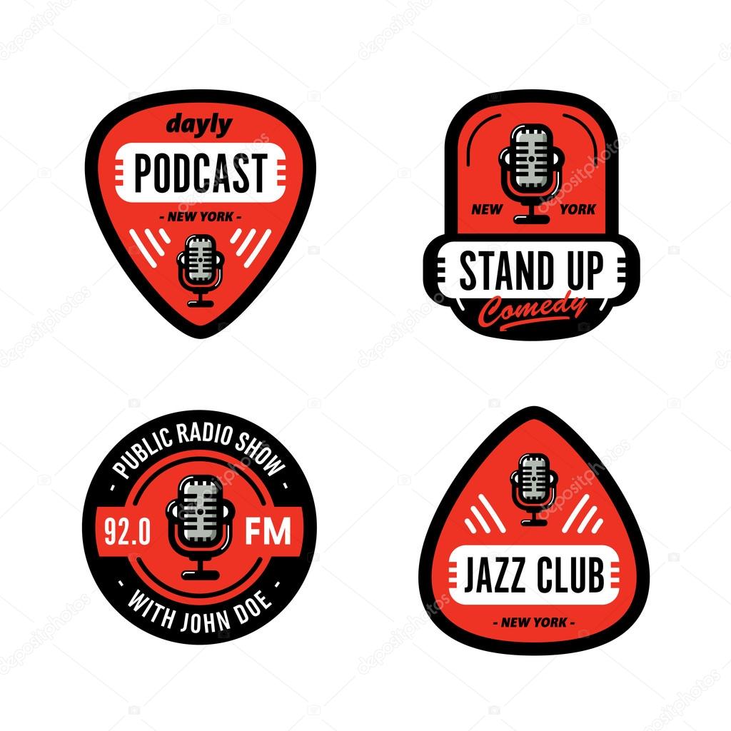 Set of Solid, Bold, Strong & Clean Badges Symbols For Stand Up Comedy, Radio Show, Podcast, Performer, Singer, DJ, Music Club, Broadcast etc. Collection of Original Effective Powerful Emblems & Marks