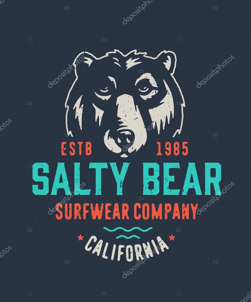 Old School textured t shirt graphics apparel fashion print. Retro typographic badge design. Salty Bear Surf wear Company. Vintage americana style. Vector Illustration.