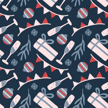 Kusursuz Noel vektör desenli hediyeler ve koyu arkaplanda bir kadeh şampanya. Noel havası   