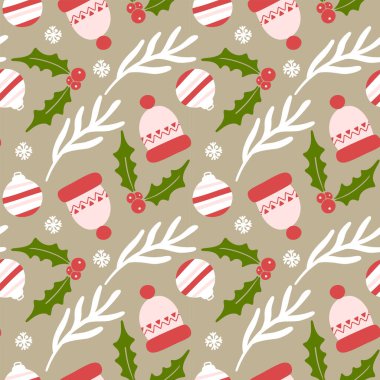 Şapka ökseotu küresi ve kahverengi arka planda dalları olan kusursuz bir Noel vektör deseni. 