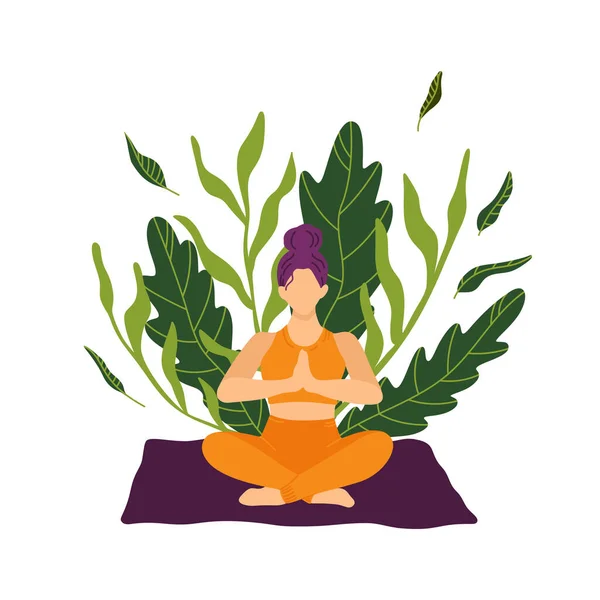 Girl Lotus Pose Leaves Background Vector Stock Illustration Meditation Relax — Wektor stockowy