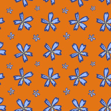 Hardal rengi fırında soyut mavi çiçeklerle desenli şirin çiçek deseni.
