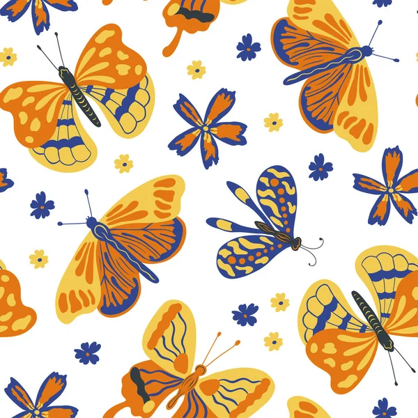 Πολύχρωμο Λαϊκό Διάνυσμα Απρόσκοπτη Μοτίβο Πεταλούδες Και Λουλούδια Λευκό Φόντο — Διανυσματικό Αρχείο
