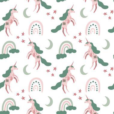Tek boynuzlu atlar ve beyaz gökkuşağı desenli kusursuz desenler. Sihirli çocuklar kağıt ambalajı, kumaş baskısı yapıyor. Stok vektör illüstrasyonu.