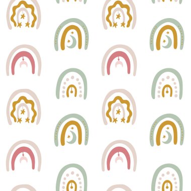 Bembeyaz gökkuşağı desenli kusursuz desenler. Sihirli çocuklar kağıt ambalajı, kumaş baskısı yapıyor. Stok vektör illüstrasyonu.