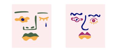 Bir dizi vektör çizimleri, gerçeküstü yüzler. Soyut şekiller. Modern yüzlü posterler koleksiyonu