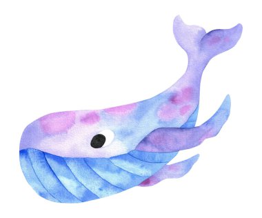 Pembe şirin balina desenli mavi. Beyaz arka planda izole edilmiş suluboya balina resmi. Çizgi film tarzında sualtı hayvanı.
