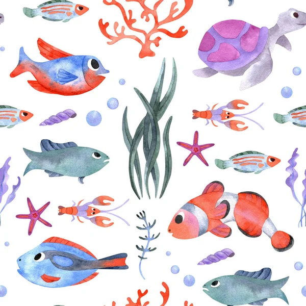 Watercolor sea animals background. Seamless underwater watercolor pattern with turtle, crawfish and jellyfish.