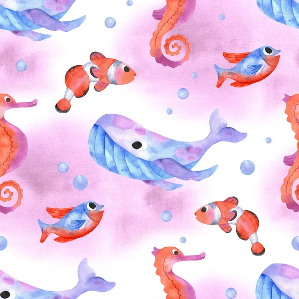 Watercolor sea animals background. Seamless watercolor pattern with whale, horse fish and clownfish.