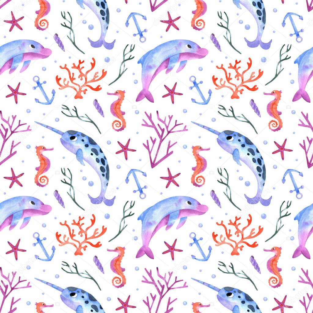 Dolphin and narwhal seamless watercolor pattern. Underwater cute background on white. Sea creatures in ocean