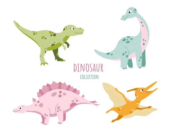 Roztomilý Kreslený Dinosauři Vektorové Kolekce Kreslený Dinosaurus Prehistorický Plaz Bílém — Stockový vektor