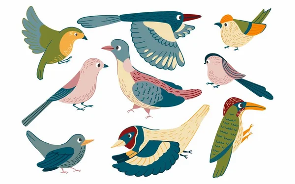 Las Aves Establecen Ilustración Vectorial Estilo Dibujos Animados Flying Little — Vector de stock