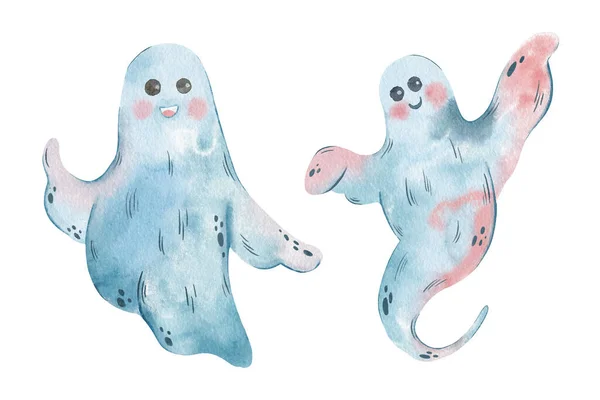 Ghost Watercolor Illustration Set Halloween Collection Cute Blue Ghosts Isolated — Stock Photo, Image