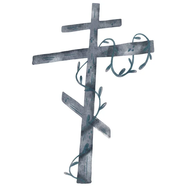 Christliches Holzkreuz Mit Blättern Verziert Handgezeichnete Aquarell Illustration — Stockfoto