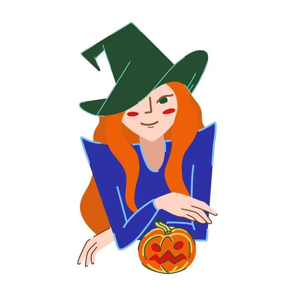 Hermosa Ilustración Vectorial Brujas Dama Feliz Personaje Bruja Halloween Sombrero — Vector de stock