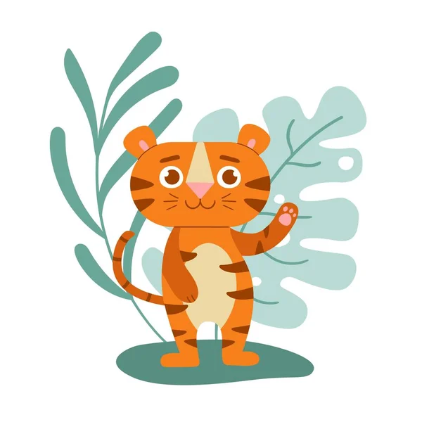 Χαριτωμένη Τίγρη Τροπικά Φύλλα Παιδική Απεικόνιση Του Νέου Έτους Simbol — Διανυσματικό Αρχείο
