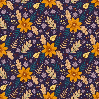 Ayçiçeği sonbaharı pürüzsüz deseni. Sonbahar yaprakları ve renkli çiçekleri olan çiçek arkaplanı