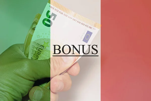 Italiaanse Vlag Met Eurobankbiljetten Als Achtergrond Met Tekst Bonus — Stockfoto